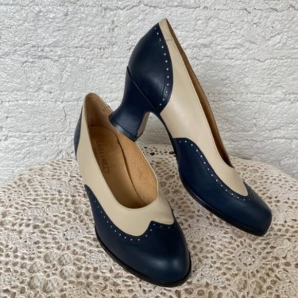 Vtg LAURA ASHLEY 1990s does 1940s Style Navy Cream Spectator Court Shoes 38 - Picture 1 of 1